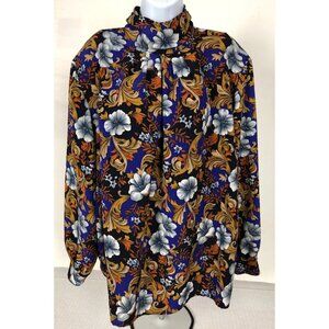 Laura n Jayne Blouse Women Size 22W High Neck Blue White Brown Floral Long Sleev